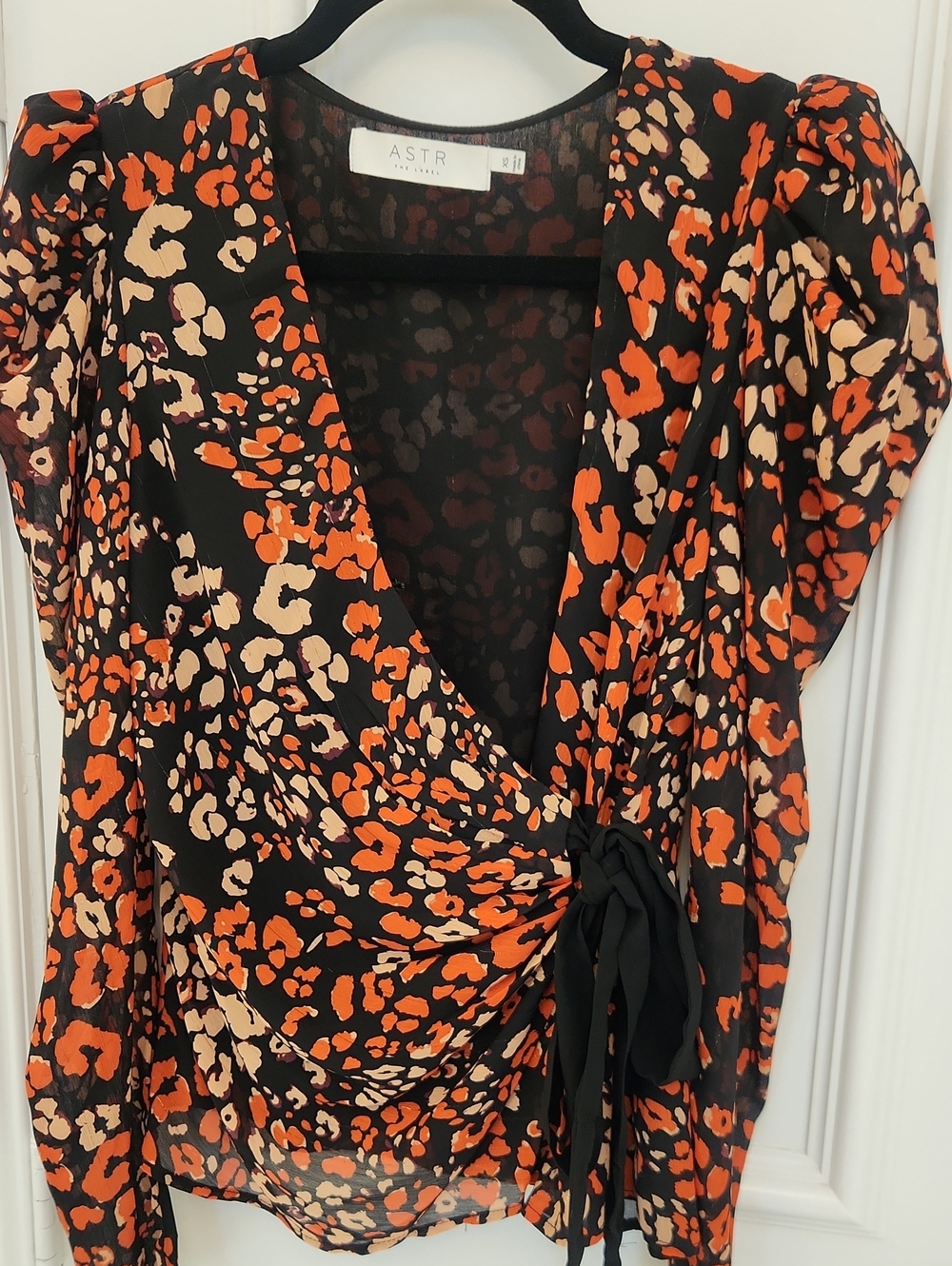 ASTR Black Wrap Blouse with Orange & Cream Leopard Print